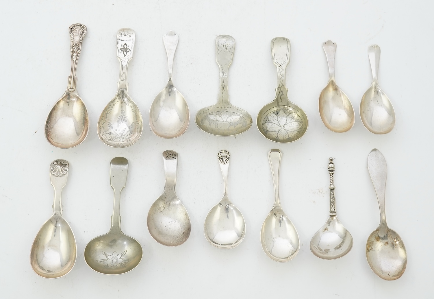 Nine assorted 19th century and later silver and white metal caddy spoons